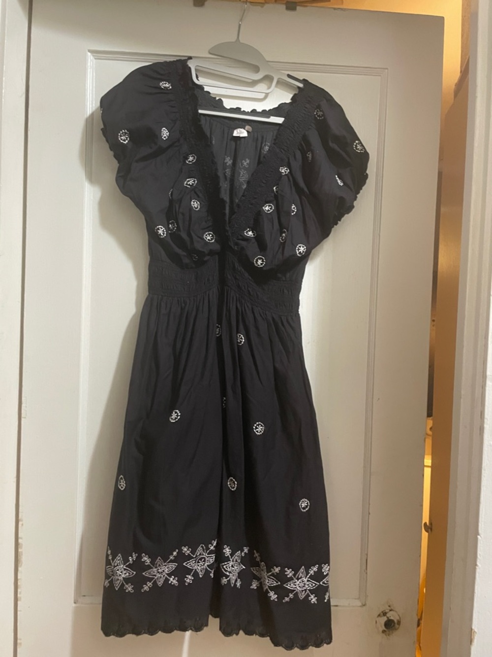 Black Embroidered Puff-Sleeve Midi Dress with Smocked Waist